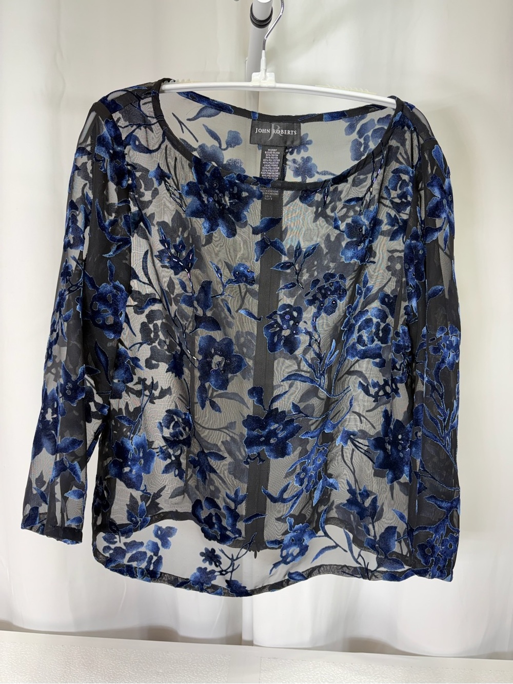 John Roberts Black Sheer Blouse with Blue Floral Burnout 4262